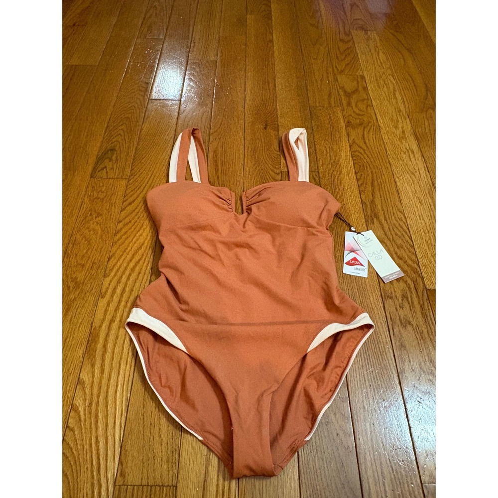 Calla Swim Collection One Piece Rust Orange Ribbed Sz 12 Neck Ruched Swimsuit - Picture 8 of 9